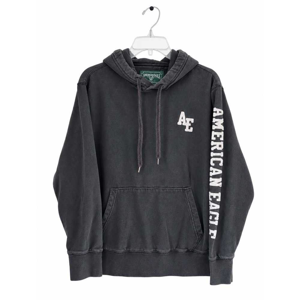 American Eagle Gray Pullover Hoodie AE Sleeve Logo Graphic Sweatshirt Women's S